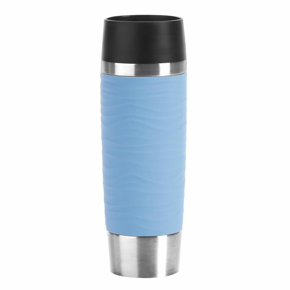 Emsa TRAVEL MUG WAVES GRANDE Isolierbecher Quick Press, Kaffeebecher, Mug, Coffee To Go Becher, Edelstahl/Silikon, Puder-Blau, 0.5 L, N2012100