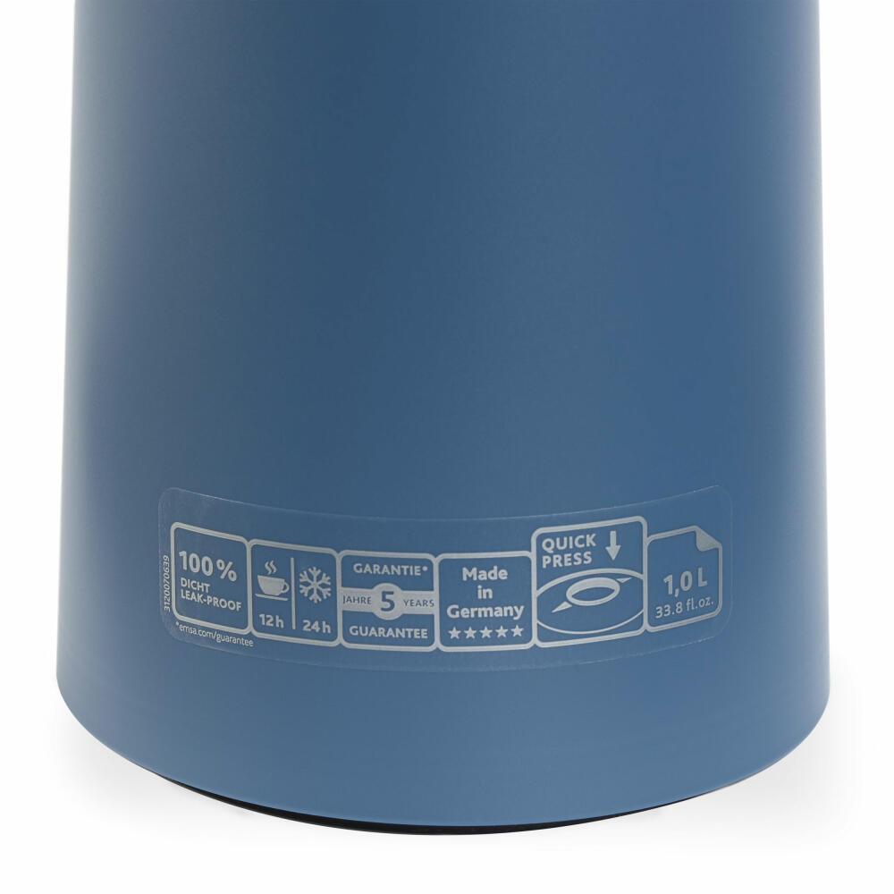 EMSA Motiva vacuum flask, insulated jug, jug, coffee pot, stainless steel, glass insulated flask, blue, 1 L, N41703
