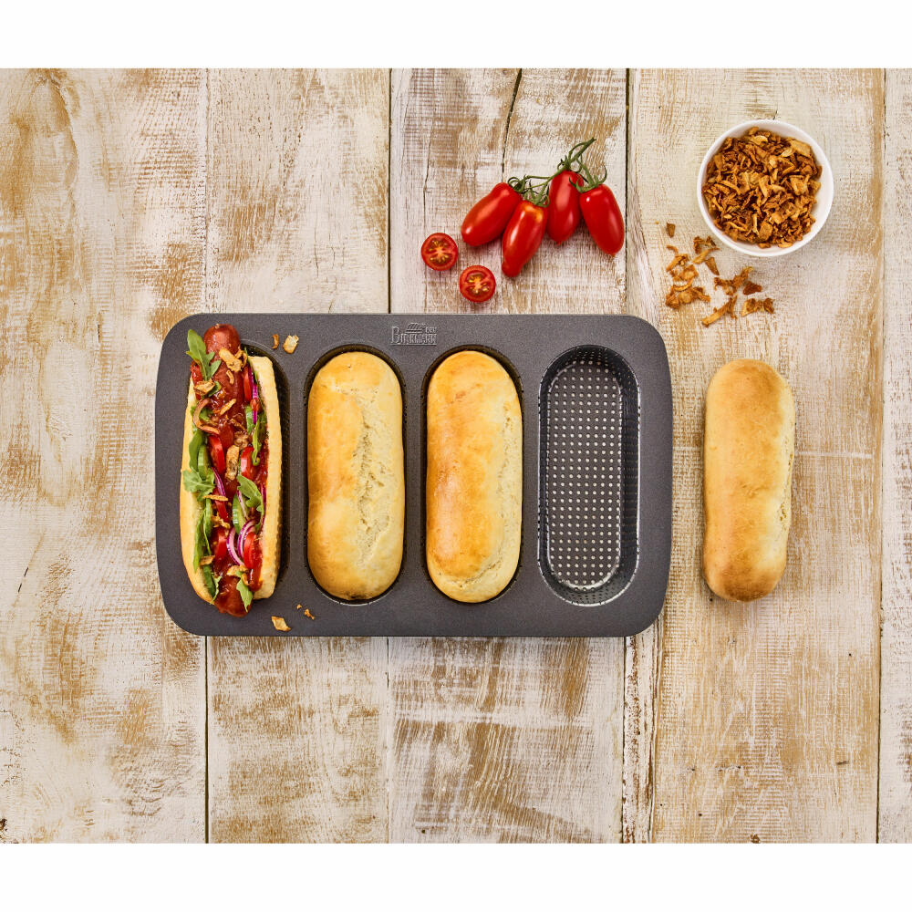 Birkmann Laib und Seele, baking pan for hot dog rolls, bread baking pan, 4-way, sheet steel, black, 35 x 22 x 3 cm, 210394