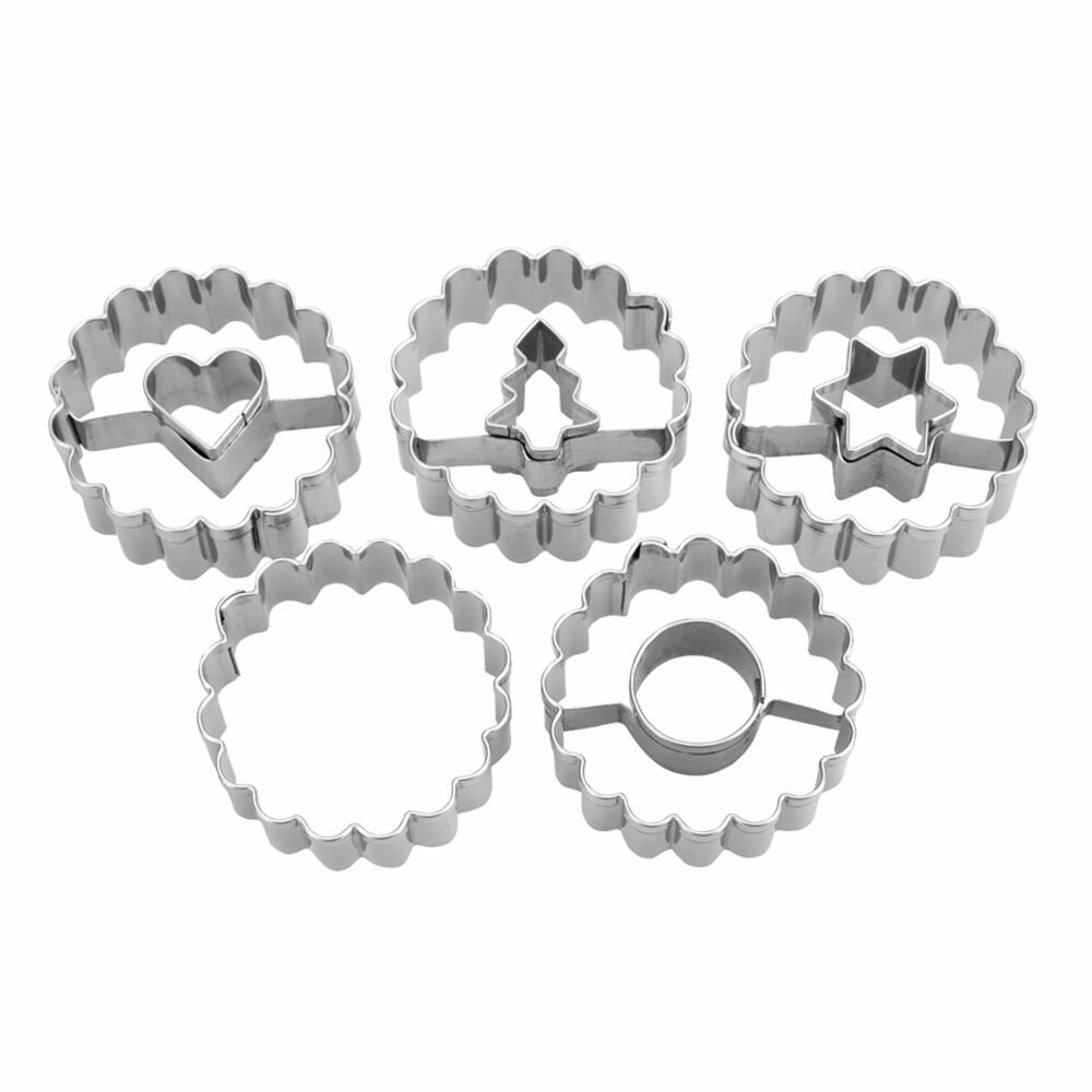 Städter Linzer cookie cutter Spitzbub set, 5 pcs., outer ring, heart, star, fir, cookie cutter, cookie shape, biscuit, cookies, stainless steel, 954090