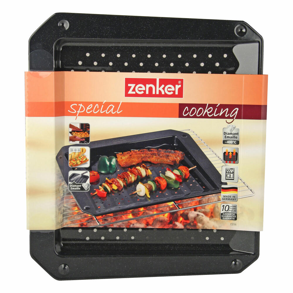 Zenker Special Cooking Grill- und Ofenblech Emaille, Backblech, Ofenschale, Ofen Blech, Gelocht, Stahlblech, Schwarz, L 38 cm, 7206