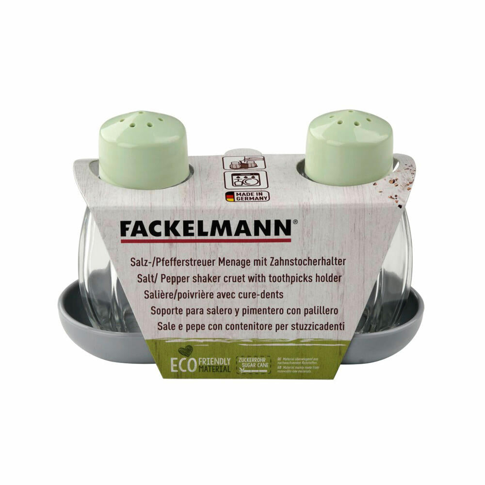 Fackelmann Menage with salt and pepper shaker Eco, tray with toothpick dispenser 3-piece, Green PE, glass, 33040