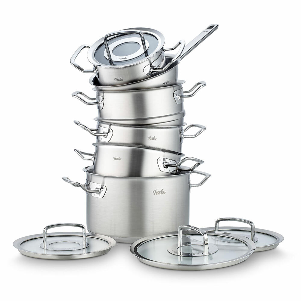 Fissler pot set Original-Profi Collection 6-piece with glass lids, 3 cooking pots + frying pan + sauté pan + steamer insert, stainless steel 18/10, silver, 084-779-06-000