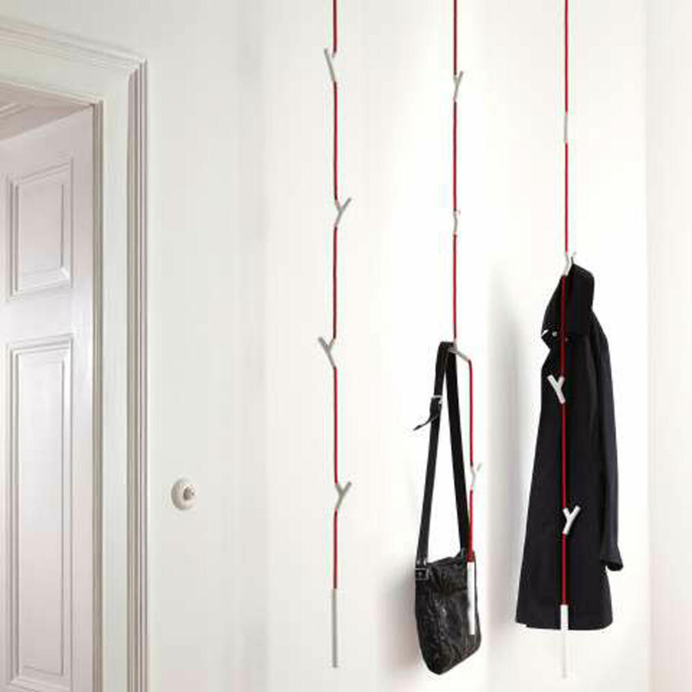 Authentics Wardrope coat rack, hanging rope coat rack, polyamide, zamak, red rope, 4 hooks matt chrome-plated, 8083322