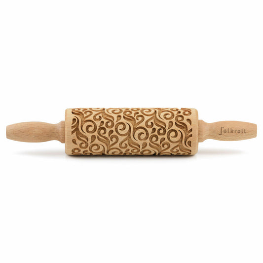 Folkroll rolling pin floral decoration, junior, 23 cm, rolling pin, embossing roll, pattern, motif, roll, beech wood, 330425