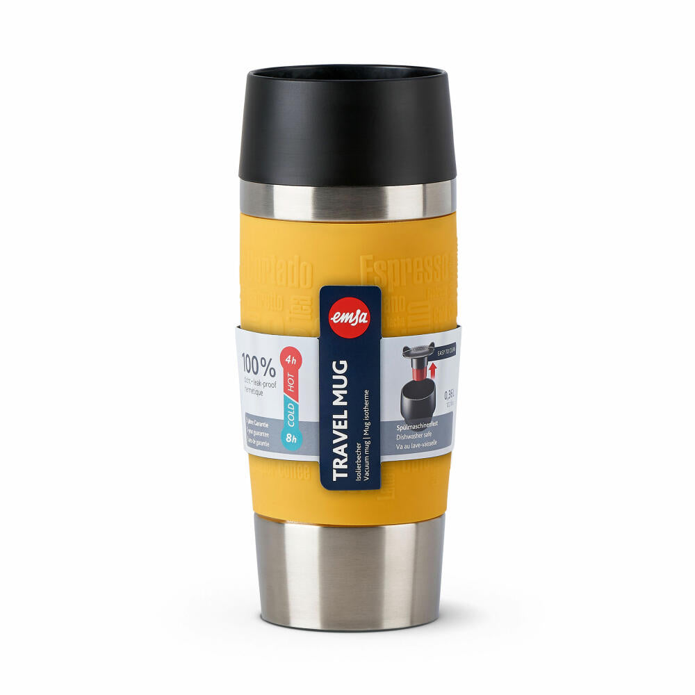 Emsa Isolierbecher Travel Mug, Thermobecher, To-Go-Becher, Edelstahl, Gelb, 360 ml, N2012800