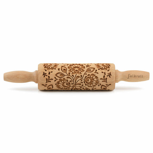 Folkroll rolling pin Folk Floral, junior, 23 cm, rolling pin, embossing roll, pattern, motif, roll, beech wood, 330418