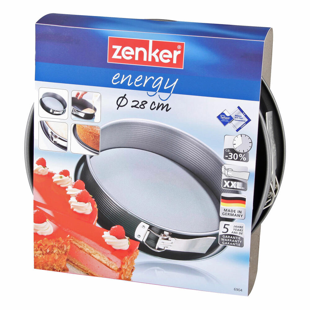 Zenker Energy Springform mit Flachboden mit Auslaufschutz, Spring Form, Backform, Kuchenform, Antihaft Classic, Silber / Anthrazit, Ø 28 cm, 6904