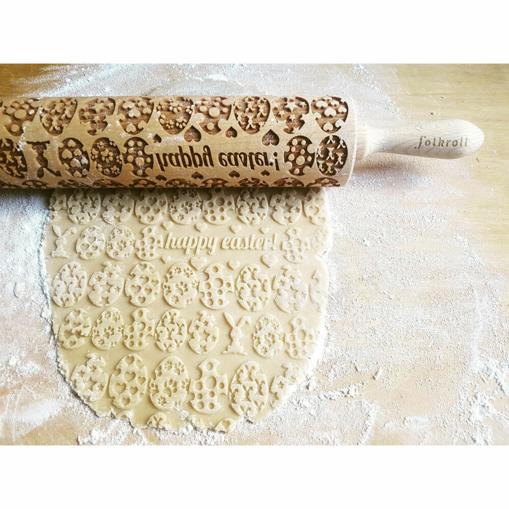 Folkroll rolling pin Happy Easter, large, 43 cm, rolling pin, embossing roll, pattern, motif, roll, beech wood, 331392