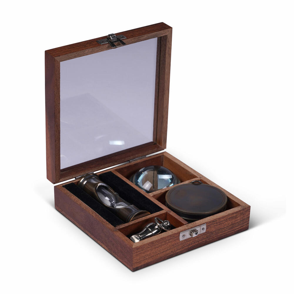 Authentic Models The Wallace Gift Box, 4-piece, hourglass, compass, fisheye magnifying glass, pipe, wood / brass / glass, GB004