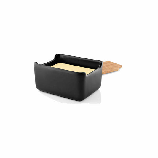 Eva Solo Butterdose Nordic Kitchen mit Holzdeckel, Butterschale, Aufbewahrungsdose, Steinzeug, Eichenholz, Schwarz, 14.5 x 9.5 cm, 502769