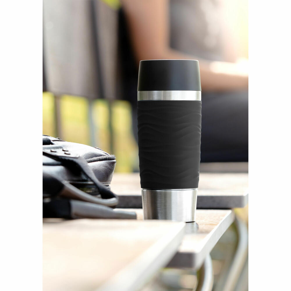 Emsa TRAVEL MUG Waves Isolierbecher Quick Press, Kaffeebecher, Mug, Coffee To Go Becher, Edelstahl/Silikon, Schwarz, 360 ml, N2010500