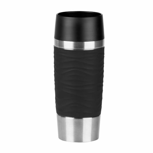 Emsa TRAVEL MUG Waves Isolierbecher Quick Press, Kaffeebecher, Mug, Coffee To Go Becher, Edelstahl/Silikon, Schwarz, 360 ml, N2010500