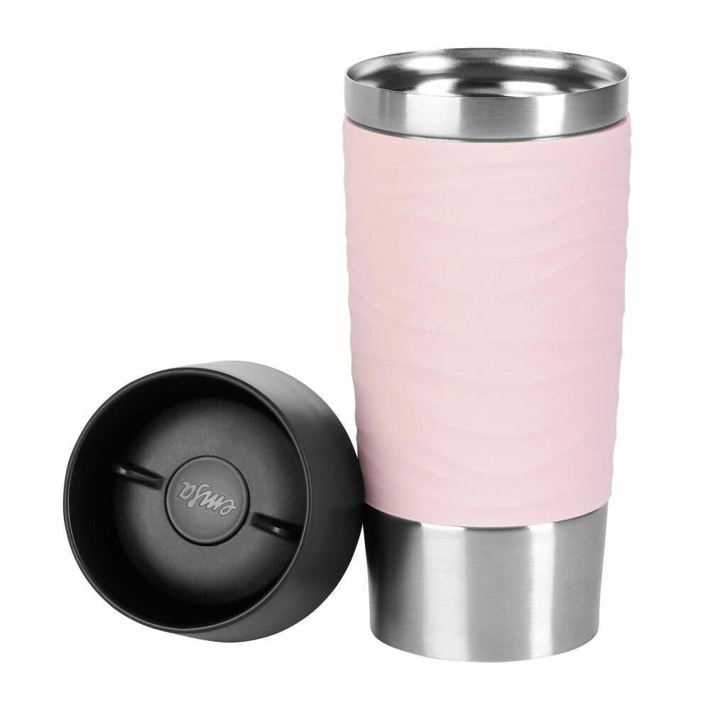 Emsa TRAVEL MUG Waves Isolierbecher Quick Press, Kaffeebecher, Mug, Coffee To Go Becher, Edelstahl/Silikon, Puder-Rosa, 360 ml, N2010600