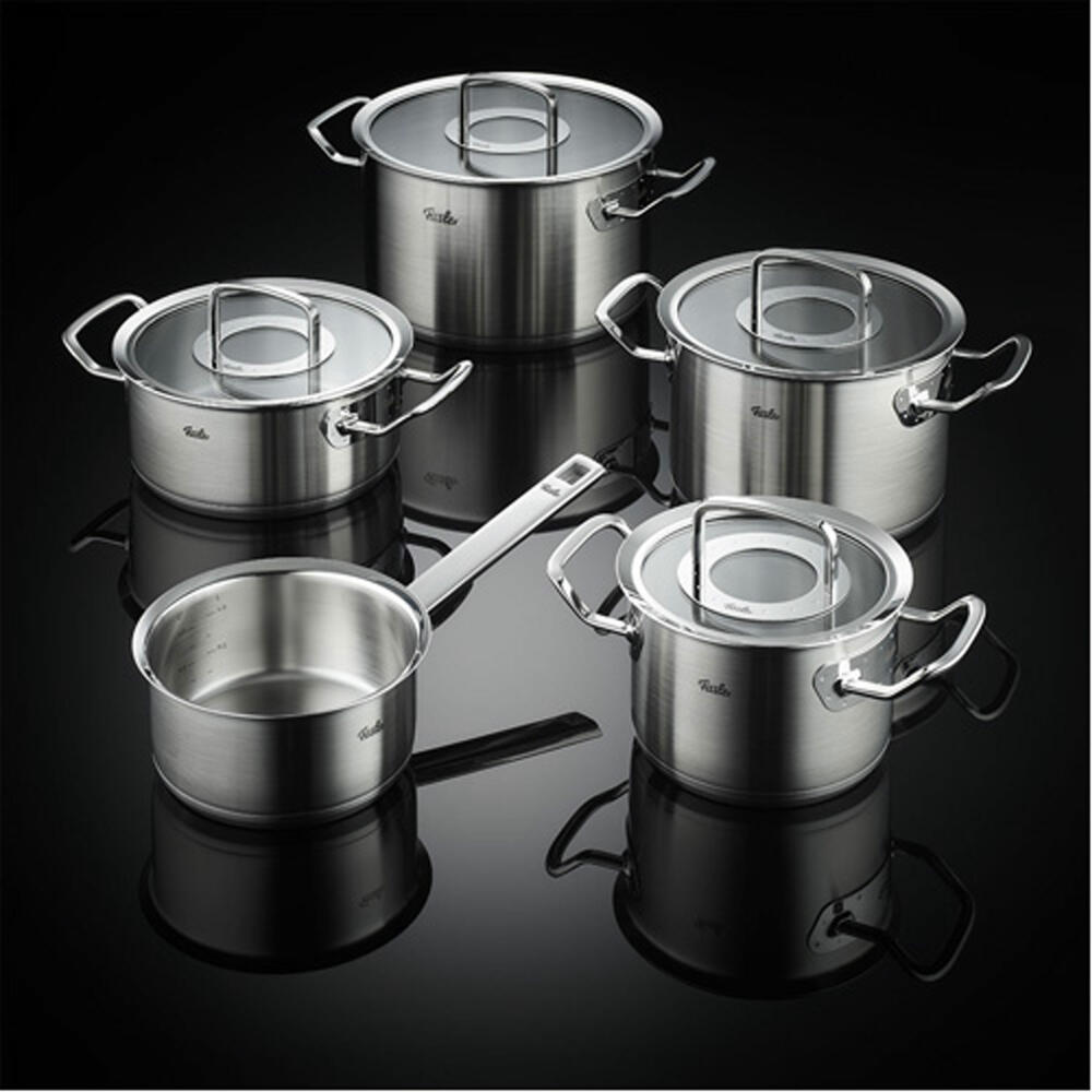 Fissler pot set Original-Profi Collection 5-piece with glass lids, 3 cooking pots + stewing pot + saucepan, stainless steel 18/10, silver, 084-129-05-000