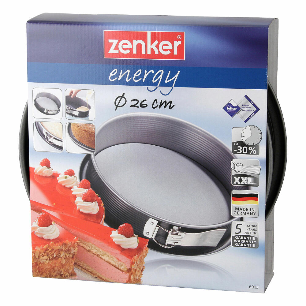 Zenker Energy Springform mit Flachboden mit Auslaufschutz, Spring Form, Backform, Kuchenform, Antihaft Classic, Silber / Anthrazit, Ø 26 cm, 6903