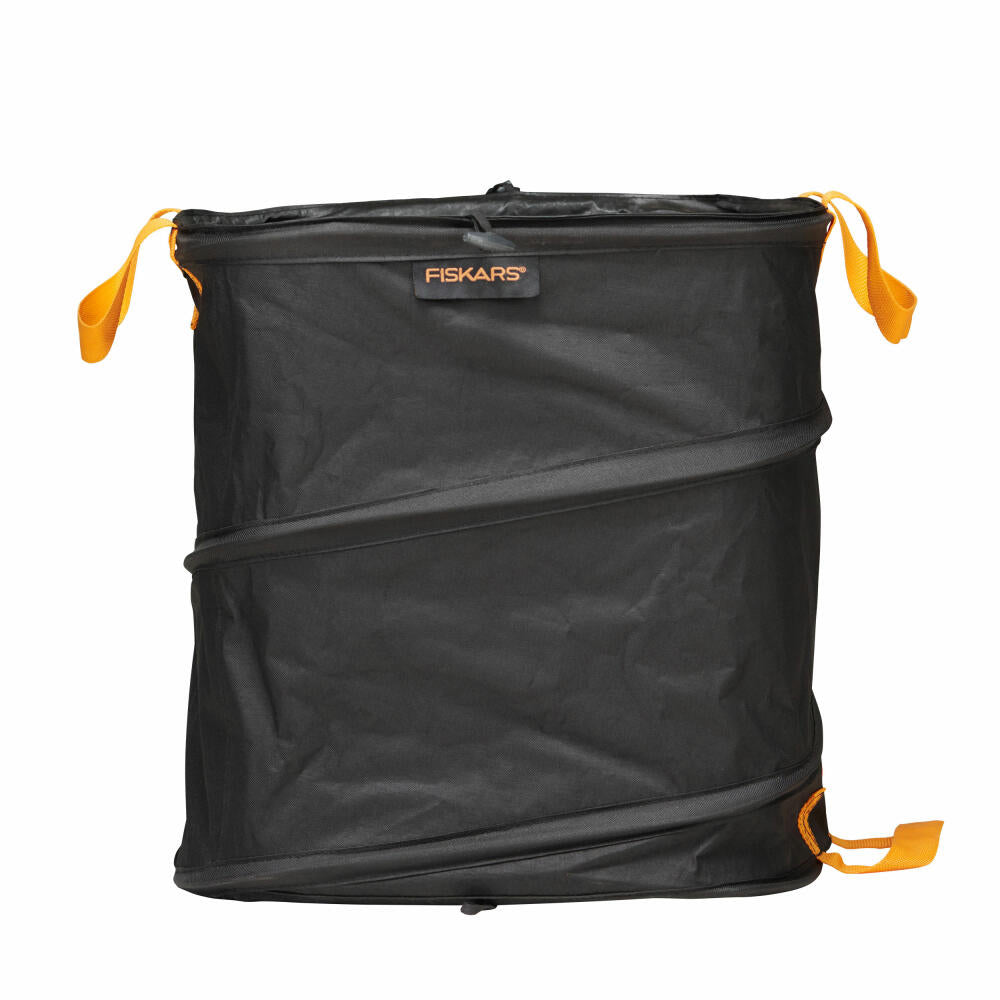 Fiskars Ergo Pop-Up Gartensack, 73 L, Gartenabfallbehälter, Laubsack, Gartenbehälter, Kunststoff, Schwarz, Orange, 1028371