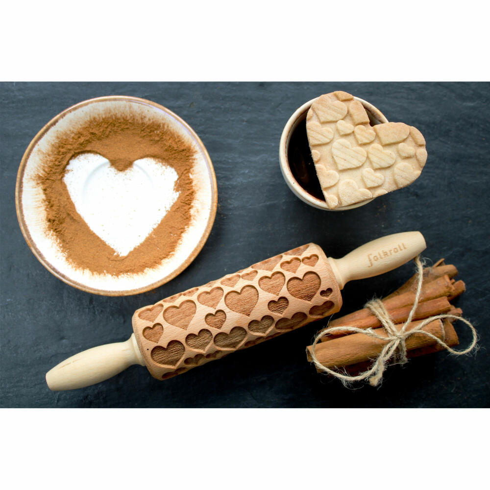 Folkroll rolling pin hearts, junior, 23 cm, rolling pin, embossing roll, pattern, motif, roll, beech wood, 331644