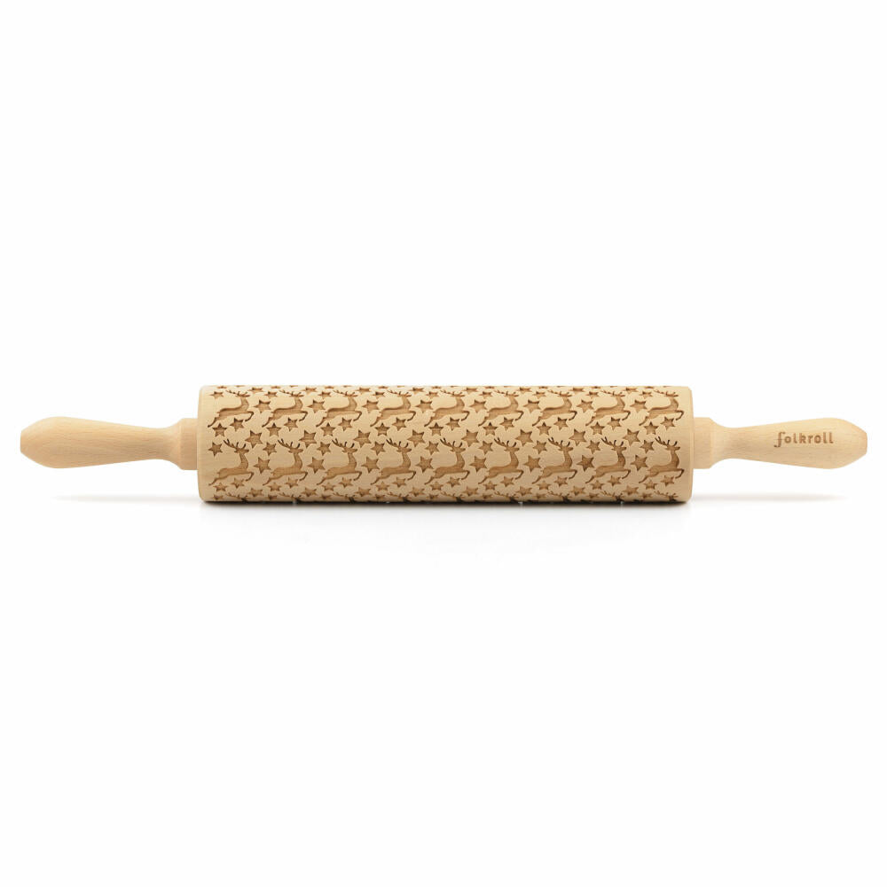 Folkroll rolling pin reindeer stars, large, 43 cm, rolling pin, embossing roll, pattern, motif, roll, beech wood, 330265