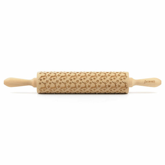 Folkroll rolling pin reindeer stars, large, 43 cm, rolling pin, embossing roll, pattern, motif, roll, beech wood, 330265