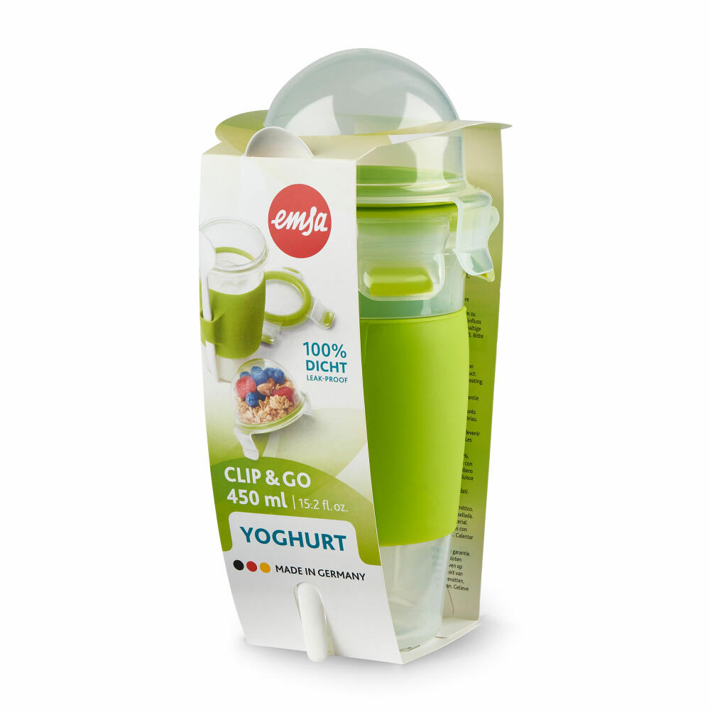 Emsa Jogurtbecher Clip & Go Yoghurt Mug, Transportbecher mit Löffel, Kunststoff, Grün, 450 ml, N1071400