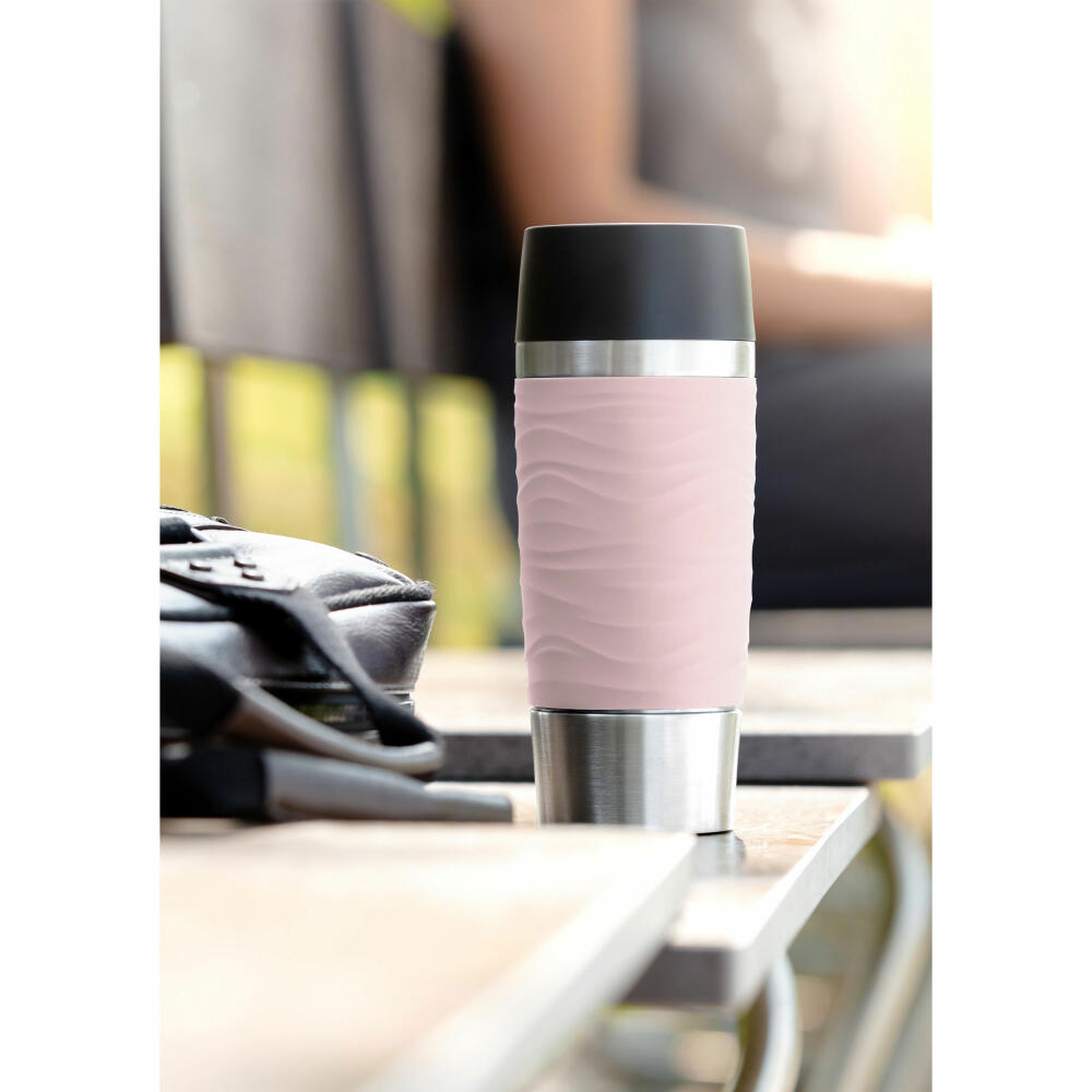 Emsa TRAVEL MUG Waves Isolierbecher Quick Press, Kaffeebecher, Mug, Coffee To Go Becher, Edelstahl/Silikon, Puder-Rosa, 360 ml, N2010600