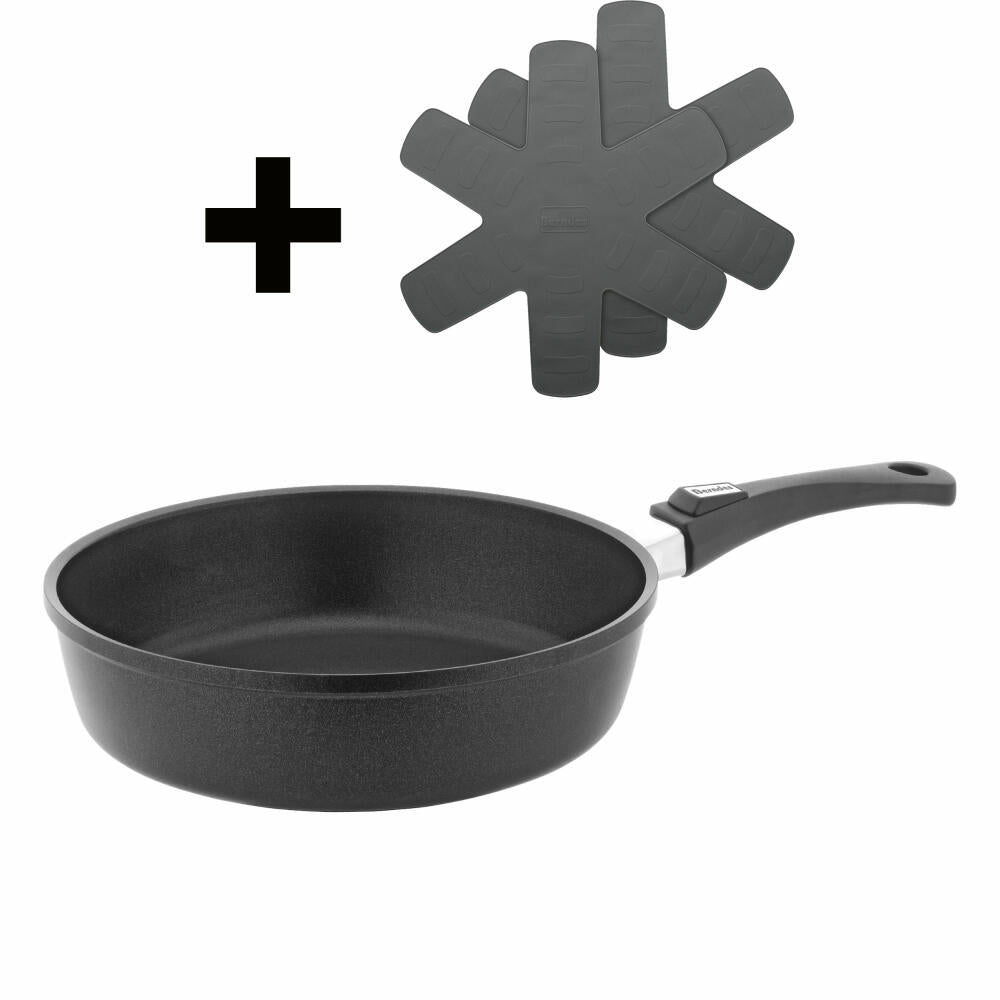 Berndes Vario Click Induction Sauté Pan Set with 2x Silicone Pan Protectors, Pan, Non-Stick Coating, Cast Aluminium, Black, Ø 28 cm