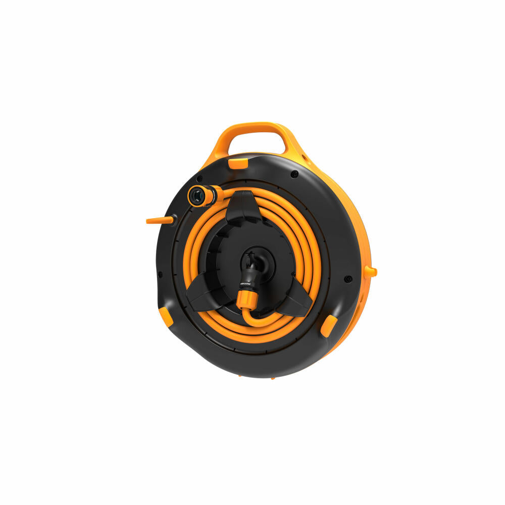 Fiskars Waterwheel S with 15 m hose, hose reel, garden hose container, plastic, black, orange, 1020436