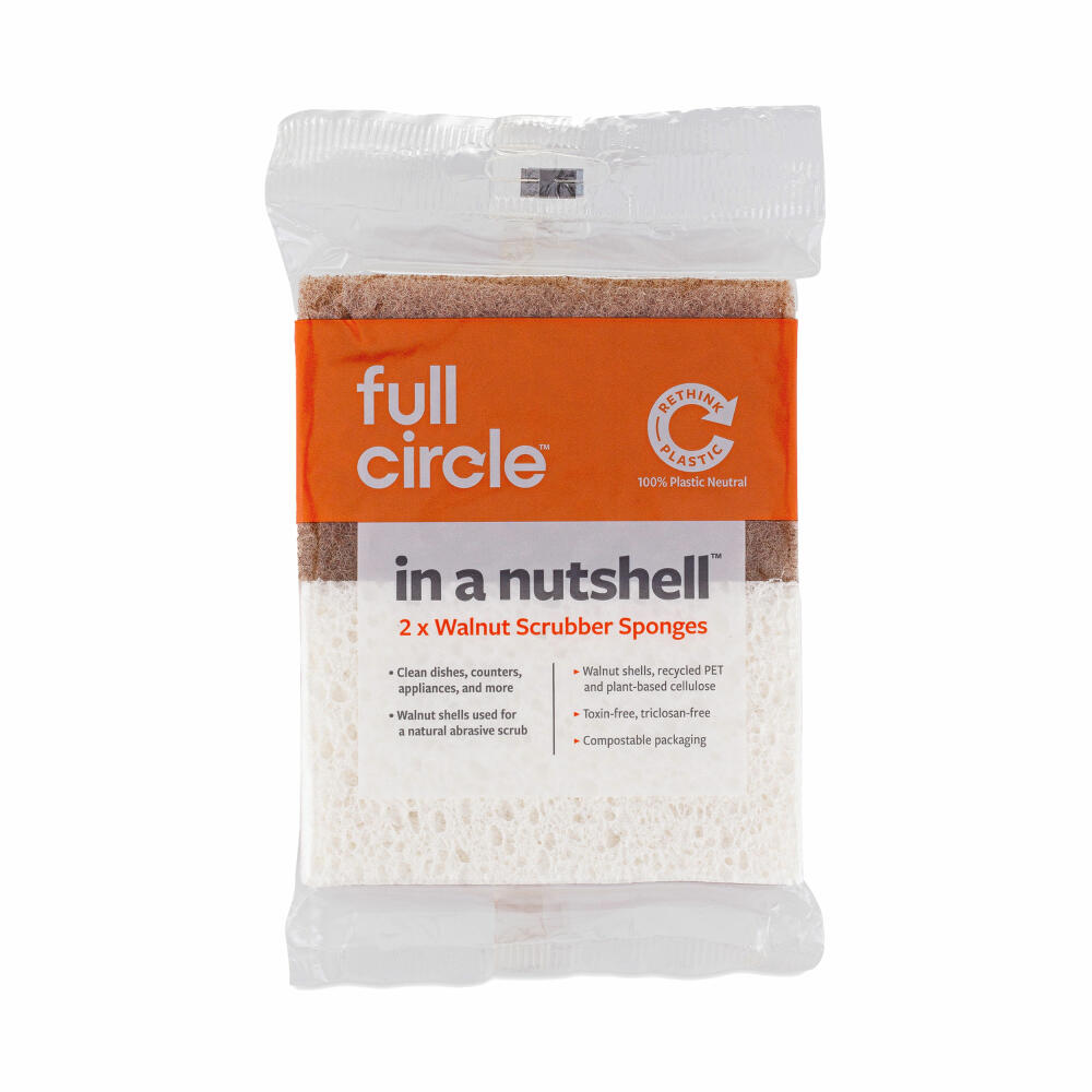 Full Circle Home Scouring Pad In A Nutshell Set of 2, Dishwashing Sponge Made of Walnut Shells, FC11208