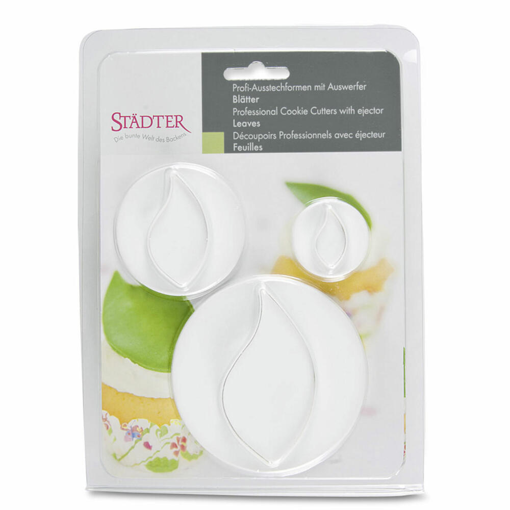 Städter professional cookie cutter with ejector leaves set, 3-piece, cookie cutter, fondant, marzipan shape, 25 / 50 / 80 mm, 170513