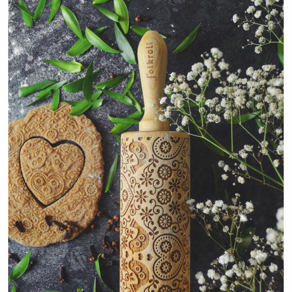 Folkroll rolling pin Folk pigeons, large, 43 cm, rolling pin, embossing roll, pattern, motif, roll, beech wood, 330234