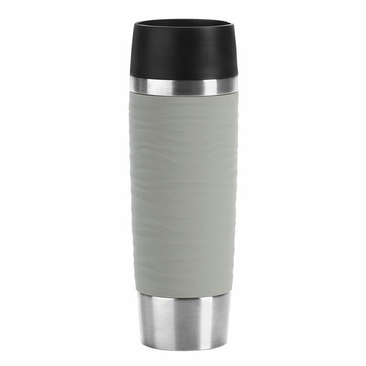 Emsa TRAVEL MUG WAVES GRANDE Isolierbecher Quick Press, Kaffeebecher, Mug, Coffee To Go Becher, Edelstahl/Silikon, Puder-Grau, 0.5 L, N2012200