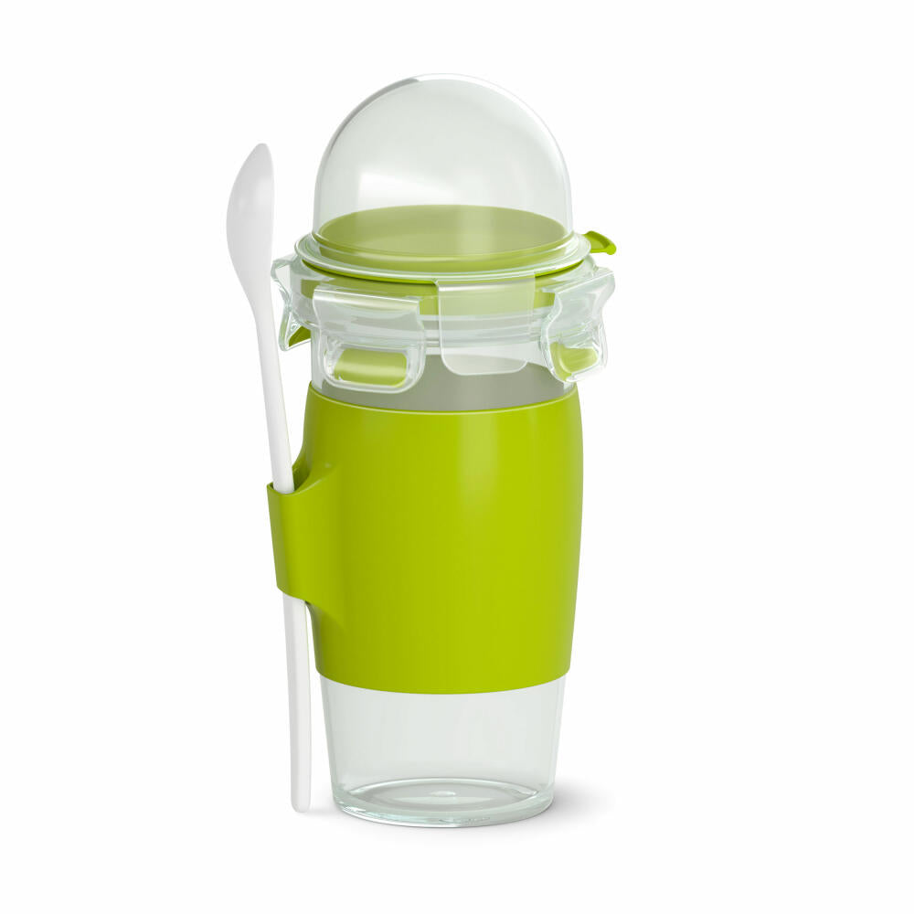 Emsa Jogurtbecher Clip & Go Yoghurt Mug, Transportbecher mit Löffel, Kunststoff, Grün, 450 ml, N1071400