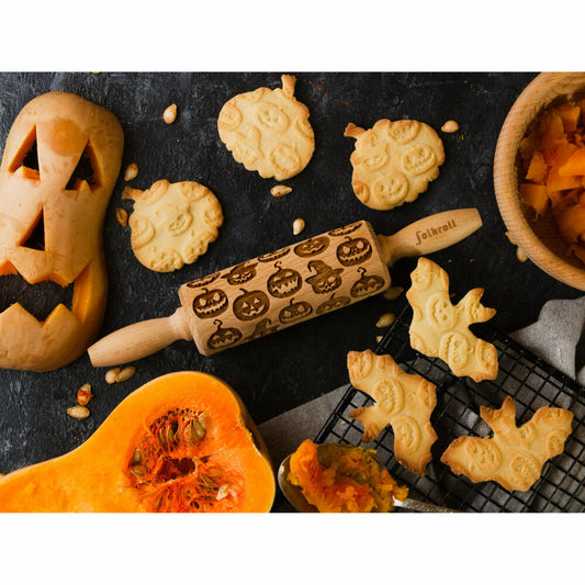 Folkroll Teigrolle Halloween Kürbis, junior, 23 cm, Nudelholz, Prägerolle, Muster, Motiv, Rolle, Buchenholz, 334058