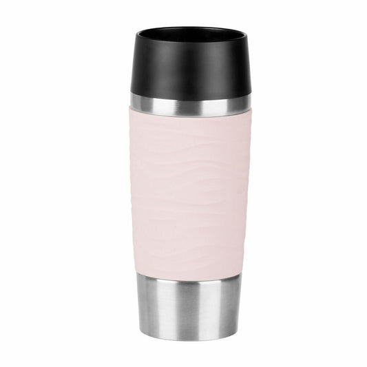 Emsa TRAVEL MUG Waves Isolierbecher Quick Press, Kaffeebecher, Mug, Coffee To Go Becher, Edelstahl/Silikon, Puder-Rosa, 360 ml, N2010600