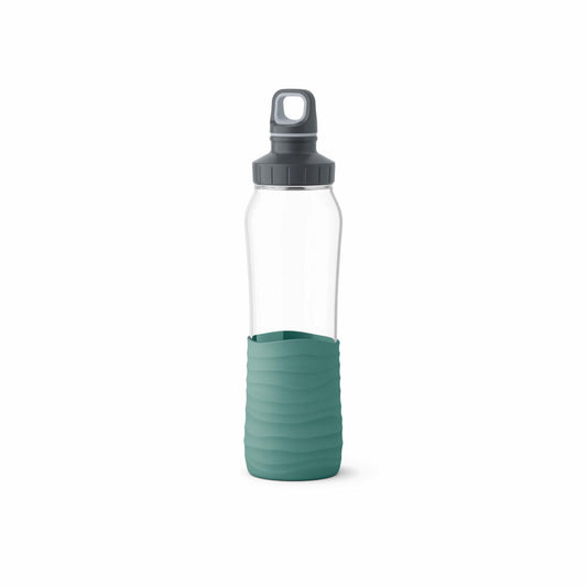 Emsa Glas-Trinkflasche Drink2Go, Trinkflasche, Wasserflasche, Glas mit Silikonmanschette, Petrol-Grün, 700 ml, N3100300