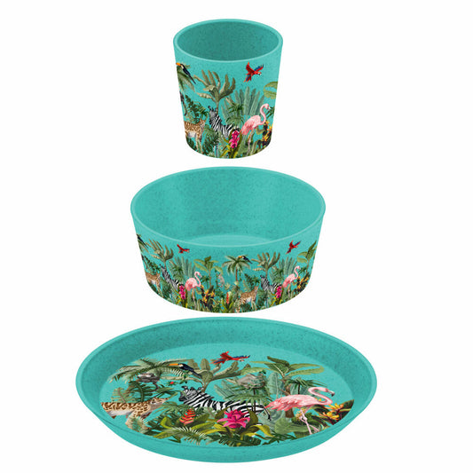 Koziol Geschirr-Set 3-tlg. Connect Jungle, Teller, Schale, Becher, Kunststoff-Holz-Mix, Organic Turquoise, 1429682