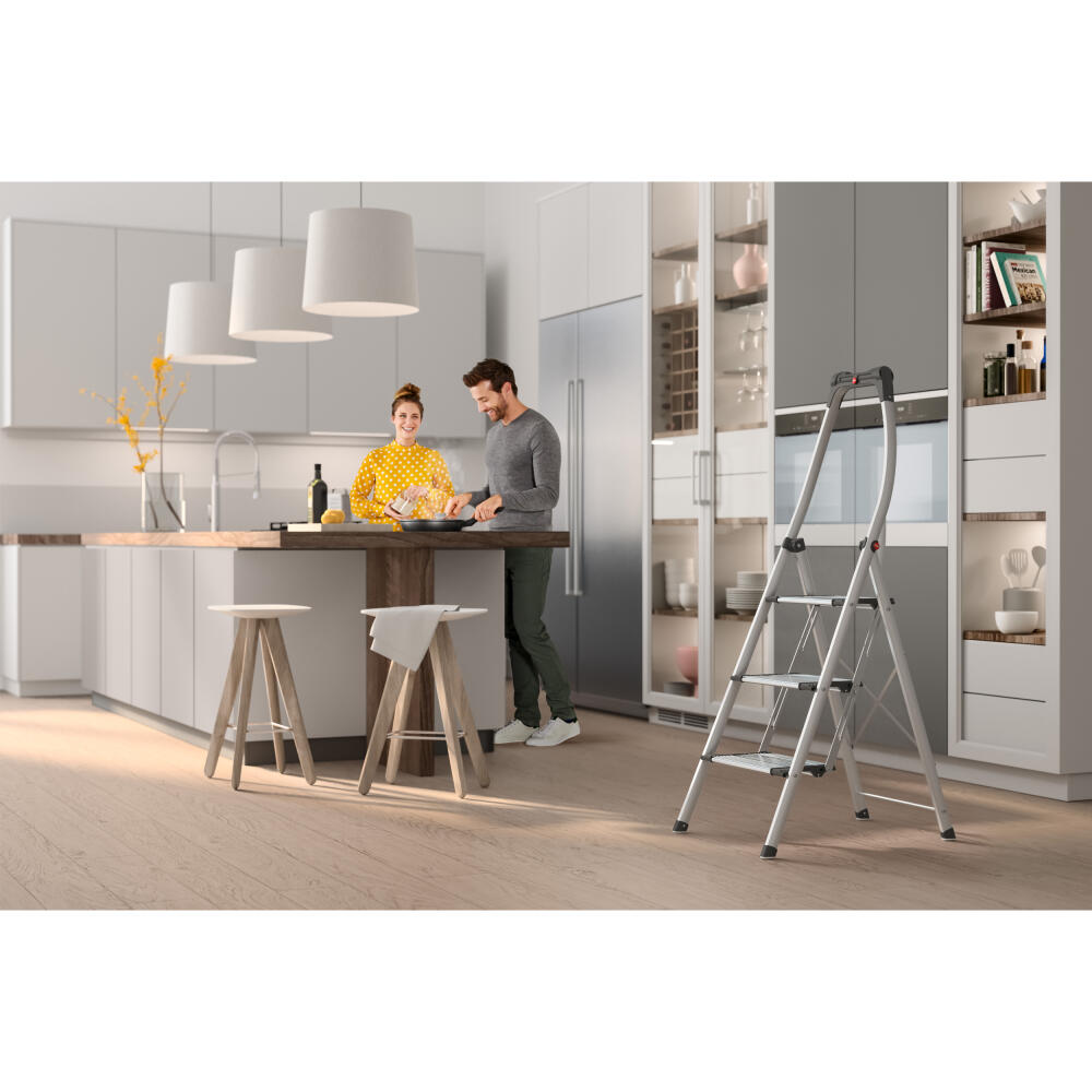 Hailo stepladder K100 TopLine, household ladder, aluminum, silver, 3 steps, 4303-301