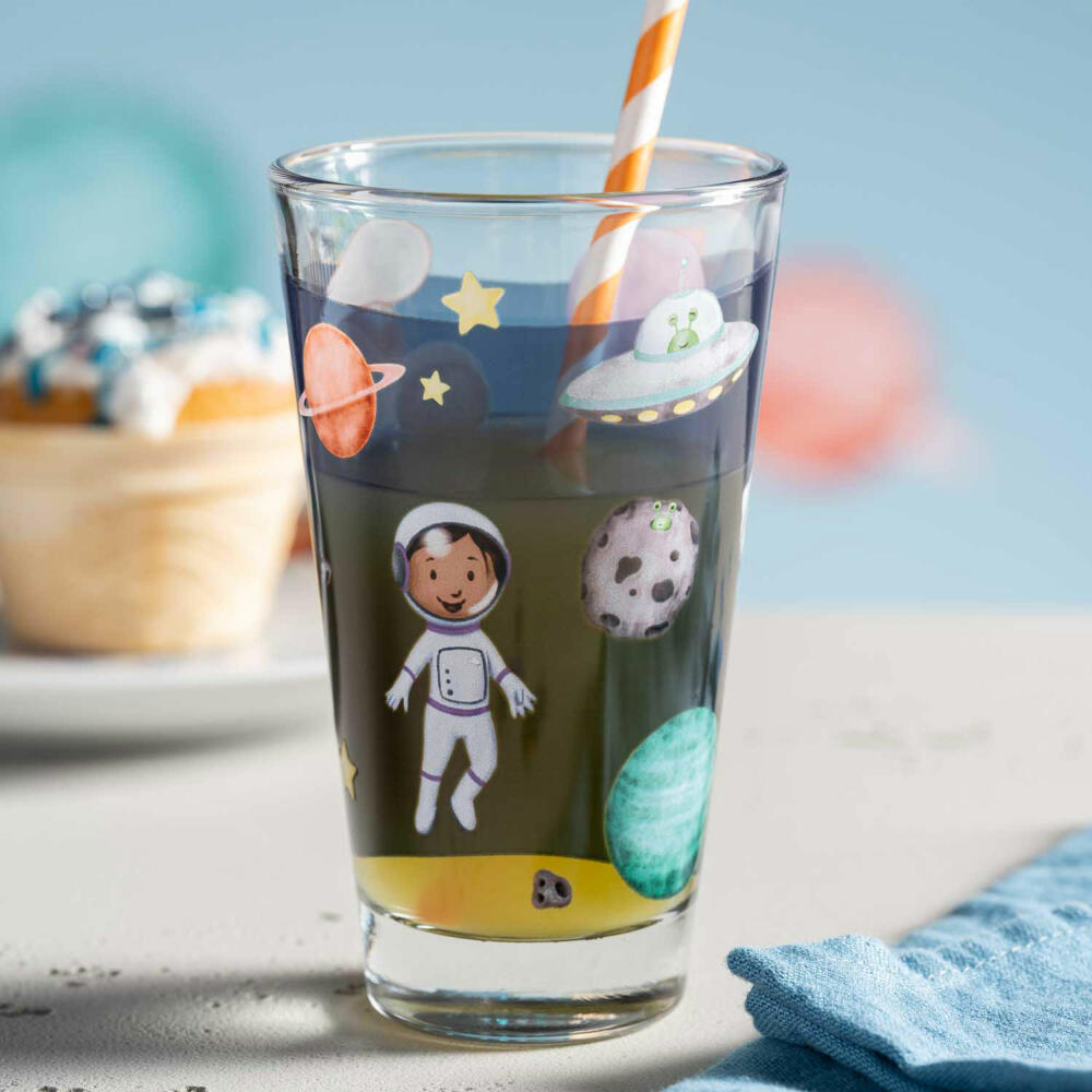Leonardo Trinkglas Bambini Avventura Weltall, Trinkbecher, Kalk-Natron-Glas, Mehrfarbig, 300 ml, 044413