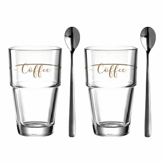 Leonardo Becher Coffee Solo 2er-Set + 2 Löffel, Kaffeebecher, Gläser, Kalk-Natron Glas, mehrfarbig, 410 ml, 043477