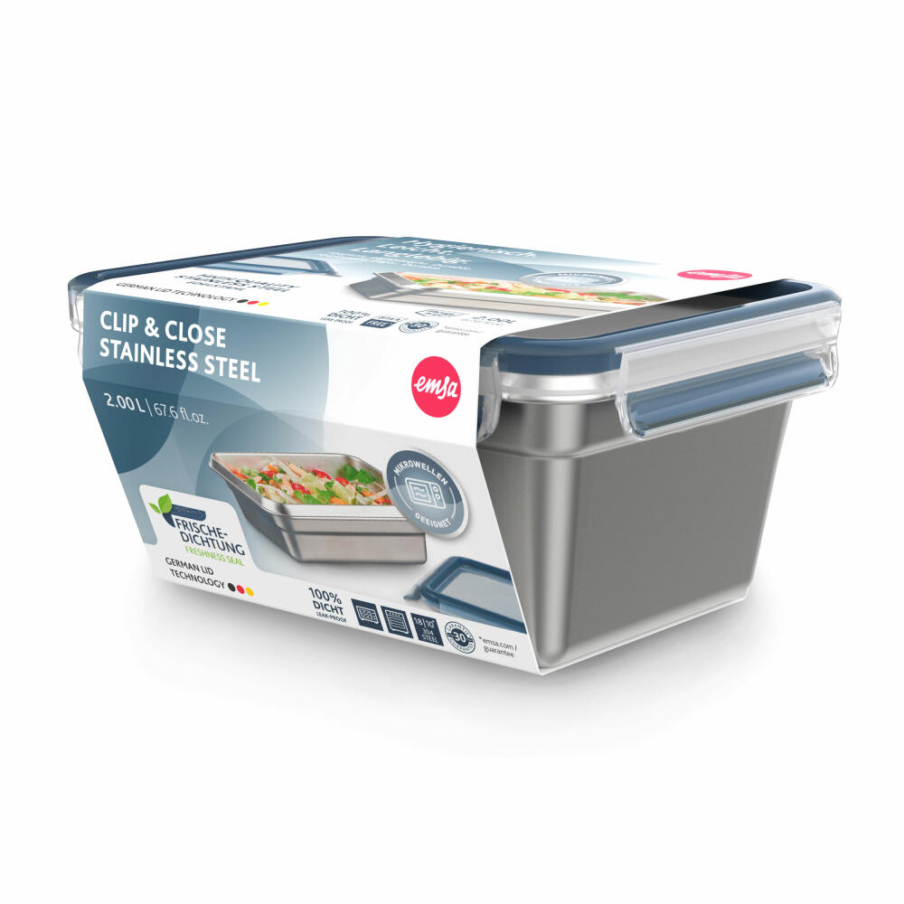 Emsa Frischhaltedose Clip & Close Edelstahl, Blau, Silberfarben, 2 L, N11506