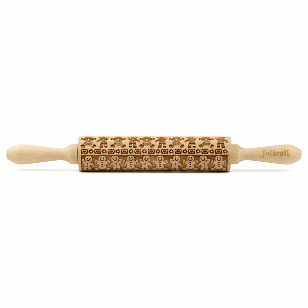 Folkroll rolling pin gingerbread man, medium, 37 cm, rolling pin, embossing roller, pattern, motif, roll, beech wood, 339947