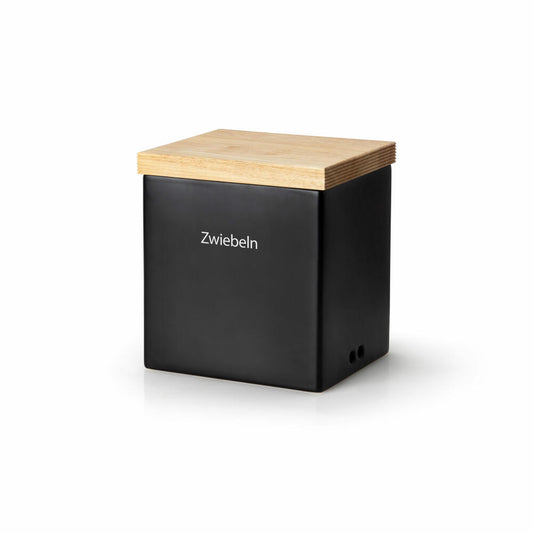 Continenta Vorratsdose mit Holzdeckel, Aufbewahrungsbehälter, Vorratsbox, Keramik, Gummibaumholz, Schwarz, 18 x 15.5 x 20.5 cm, 3722