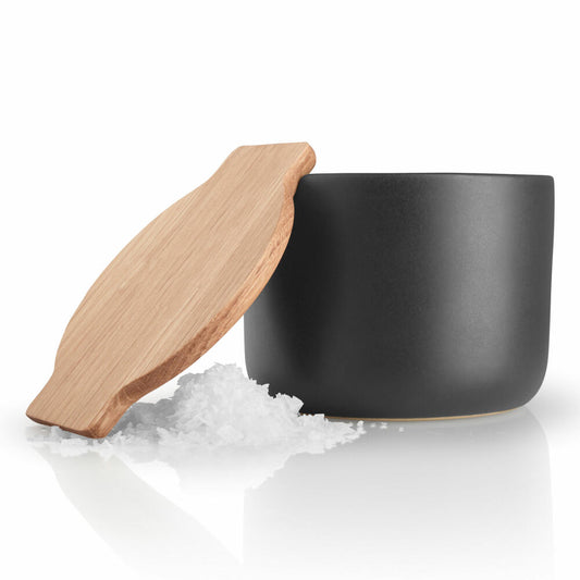 Eva Solo Salt Jar with Lid Nordic Kitchen, Salt Container, Salt Dispenser, Stoneware with Oak Wood, Black, 502784