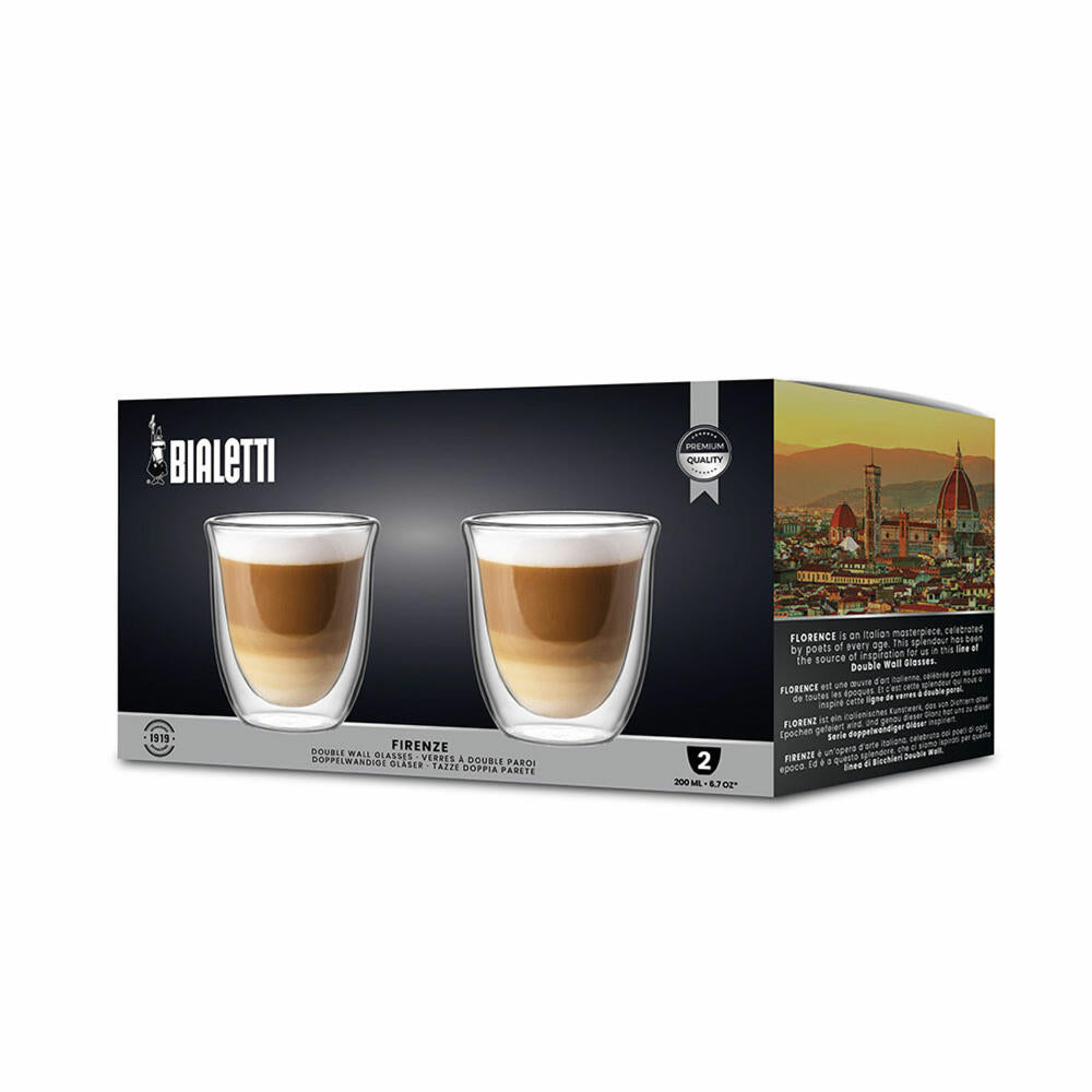 Bialetti Glasbecherset Firenze, 2er Set, Doppelwandig, Kaffeetasse, Becher, Tasse, 200 ml, DBW012