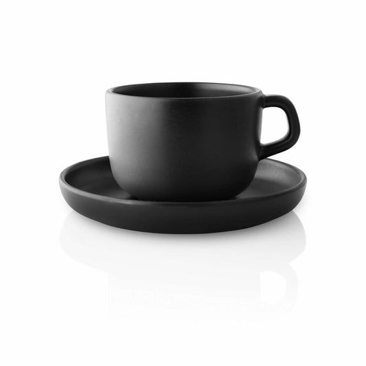 Eva Solo Tasse Nordic Kitchen mit Untertasse, Kaffeetasse, Cappucinotasse, Becher, Steinzeug, Schwarz, 200 ml, 502764