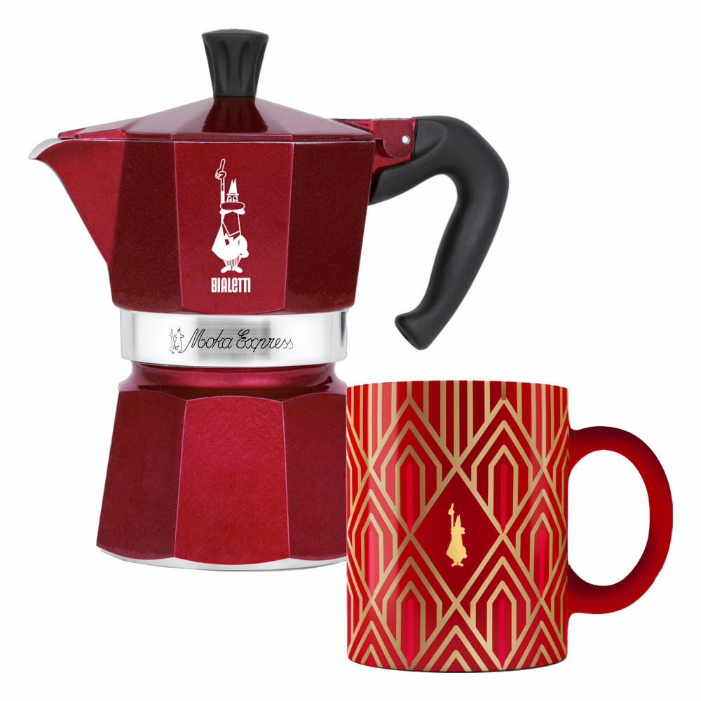 Bialetti Deco Glamour Espresso Maker Moka Express, 2-piece, for 3 cups, Espresso Maker, Incl. 1 Mug, Red, 9901
