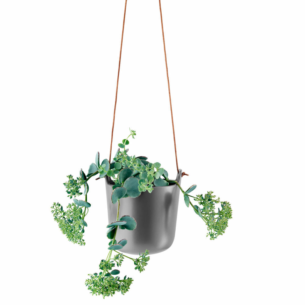 Eva Solo Self-Watering Pot Hanging, Herb Pot, Planter, Decoration, Plants, Stoneware and Plastic/Nylon/Leather Strap, Nordic Grey, Ø 15 cm, 568161