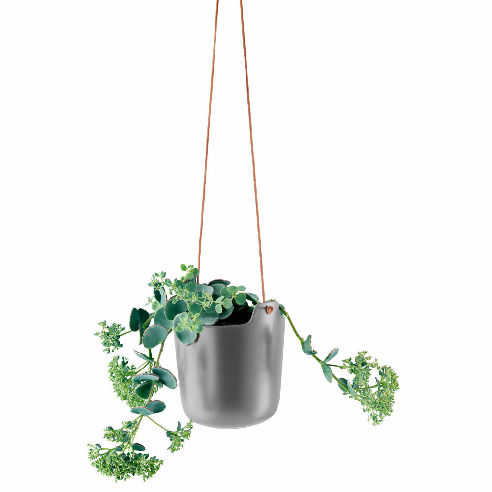 Eva Solo Self-Watering Pot Hanging, Herb Pot, Planter, Decoration, Plants, Stoneware and Plastic/Nylon/Leather Strap, Nordic Grey, Ø 15 cm, 568161