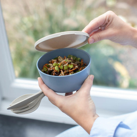 Koziol Schale Connect Bowl Mit Deckel, Schüssel, Biozirkulärer Kunststoff, Nature Flower Blue, 400 ml, 7202716